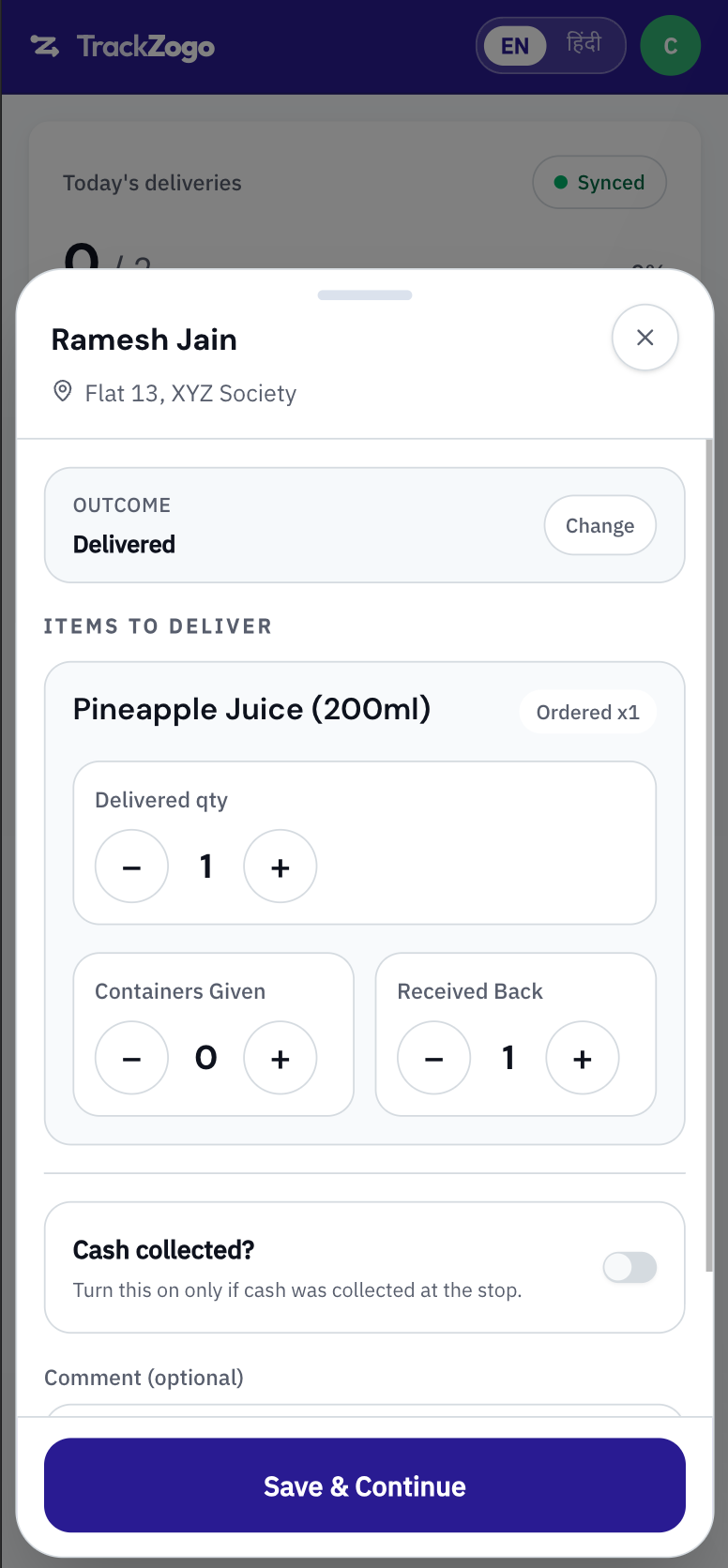 TrackZogo delivery action sheet with quantities, containers, and cash collection controls