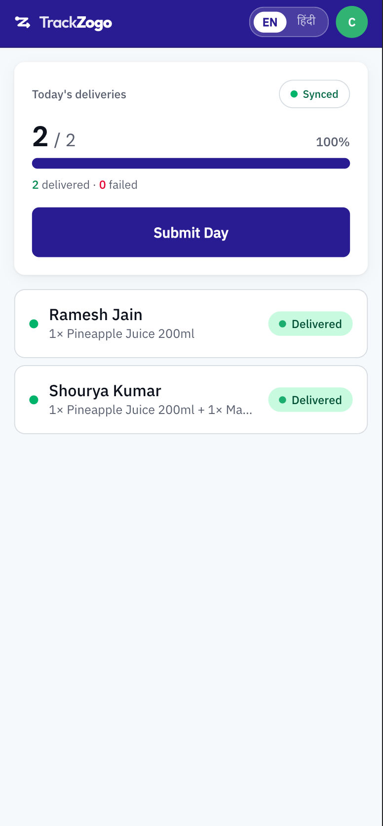 TrackZogo agent today screen with delivery list and submit day button